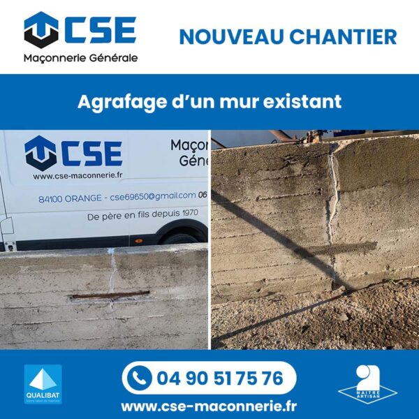 CSE MACONNERIE Serge Colas - Maçon à Orange dans le Vaucluse - Agrafage d'un mur existant pour éviter qu'il ne tombe