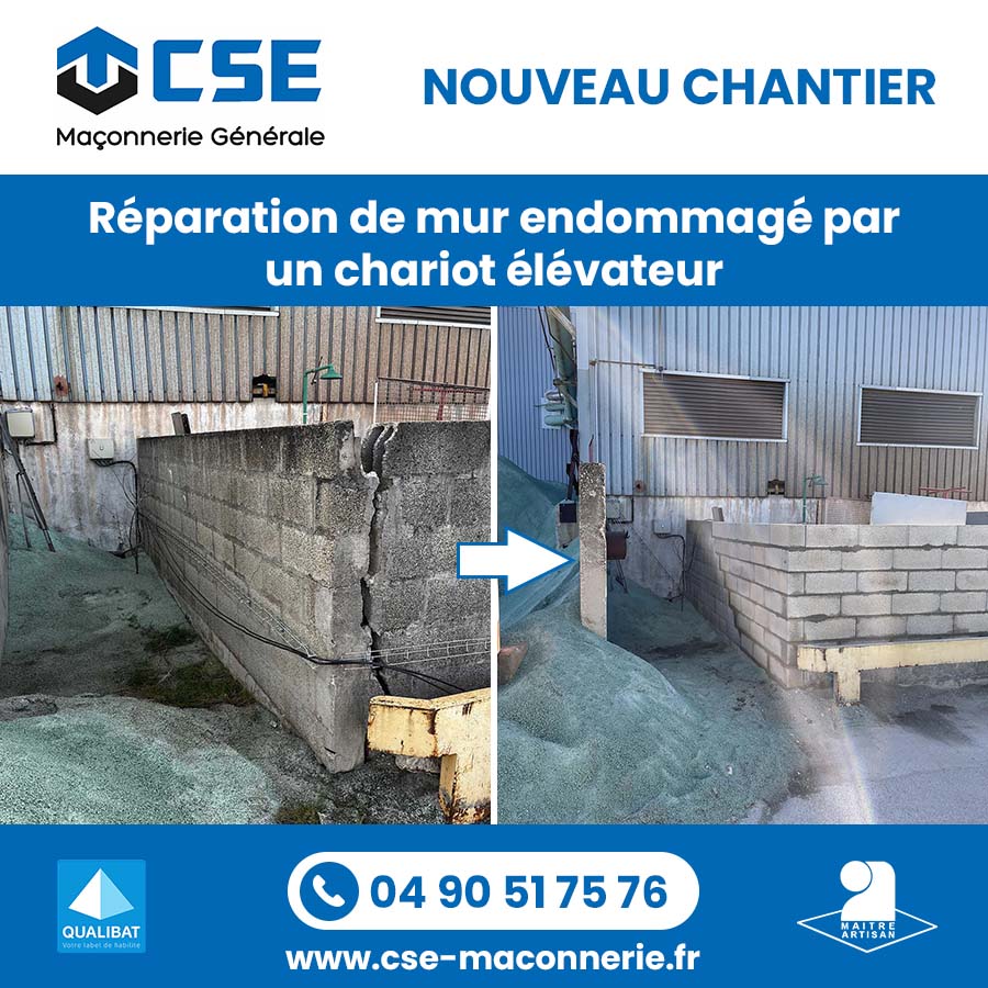 CSE MACONNERIE Serge Colas - Maçon à Orange dans le Vaucluse - Réparation d'un mur endommagé par un chariot élévateur